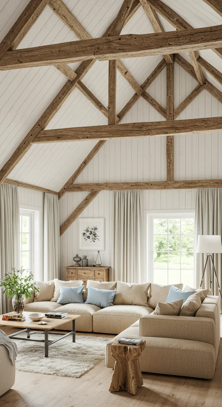 A vaulted living room ceiling with exposed natural wood beams and trusses against white shiplap.