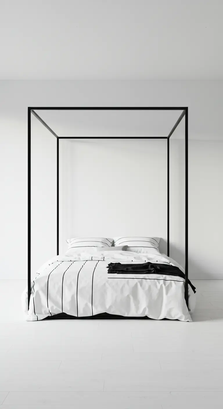 A minimalist black canopy bed with black and white striped bedding in a stark white room.
