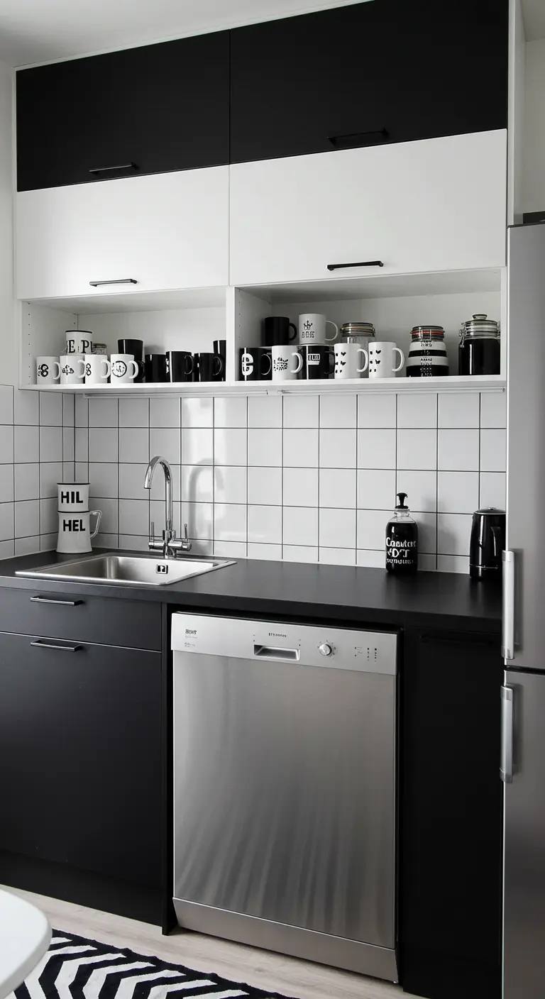 A modern kitchen with black lower cabinets, white upper cabinets, and a black countertop.