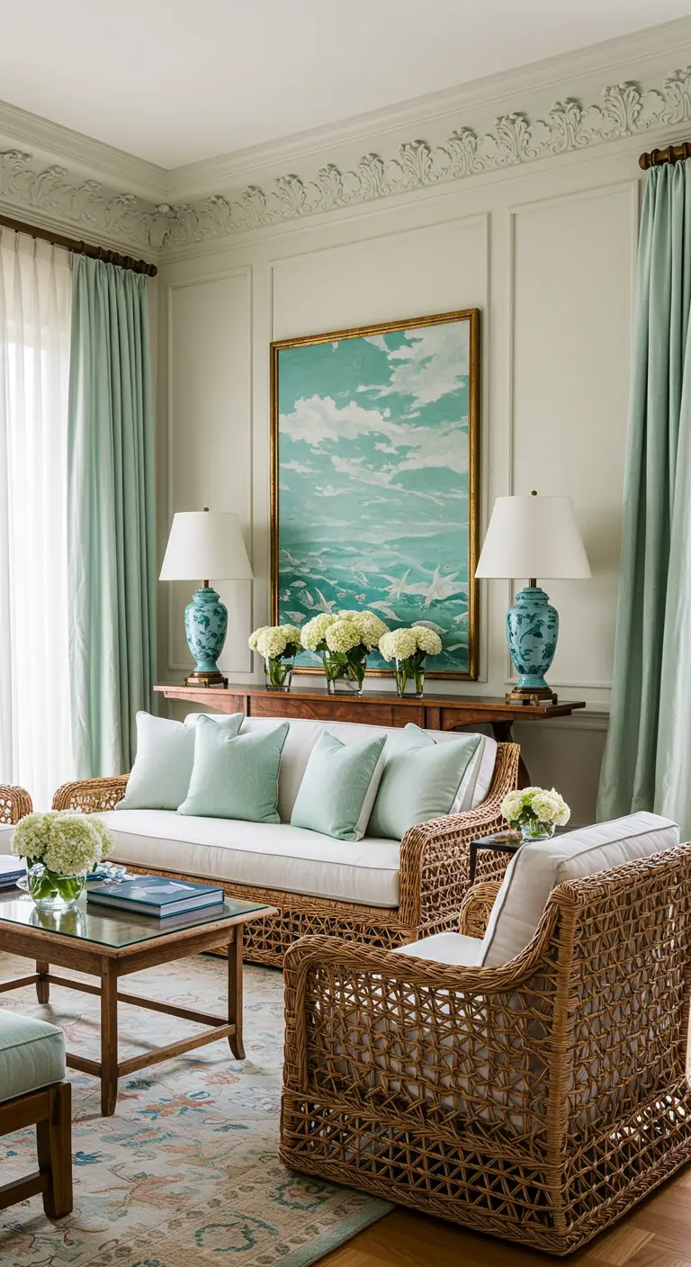 Formal living room with a rattan sofa and matching seafoam green lamps on a console table.