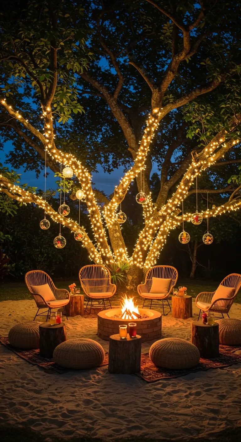 A large tree wrapped in string lights above a fire pit seating area.