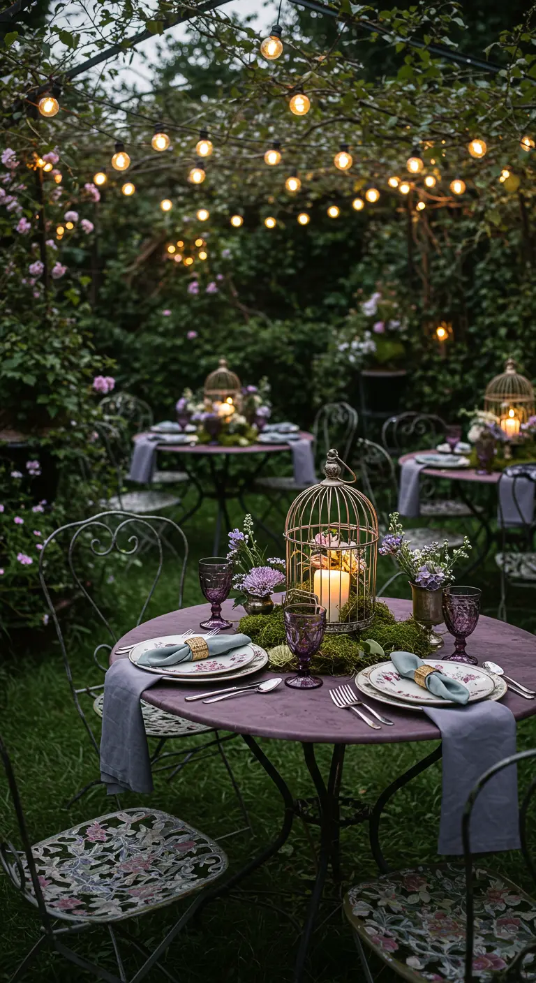 Garden bistro table with a birdcage and candle centerpiece at dusk.