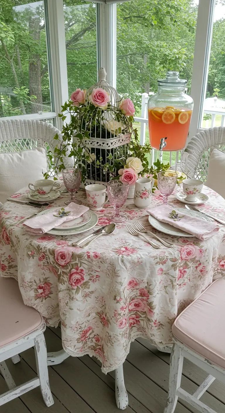 Shabby chic table with a birdcage centerpiece filled with roses and a floral tablecloth.
