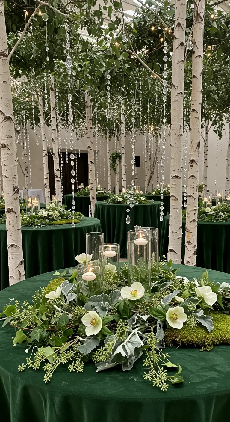Round tables with green velvet cloths and floral wreaths surrounded by birch trees with hanging crystals.