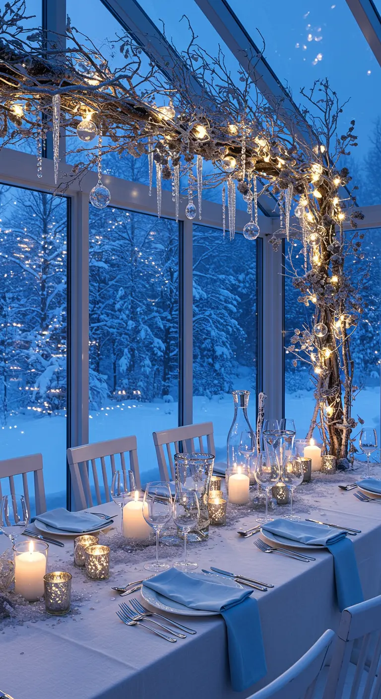 A dining table set under an arch of silver branches wrapped in fairy lights and icicles.