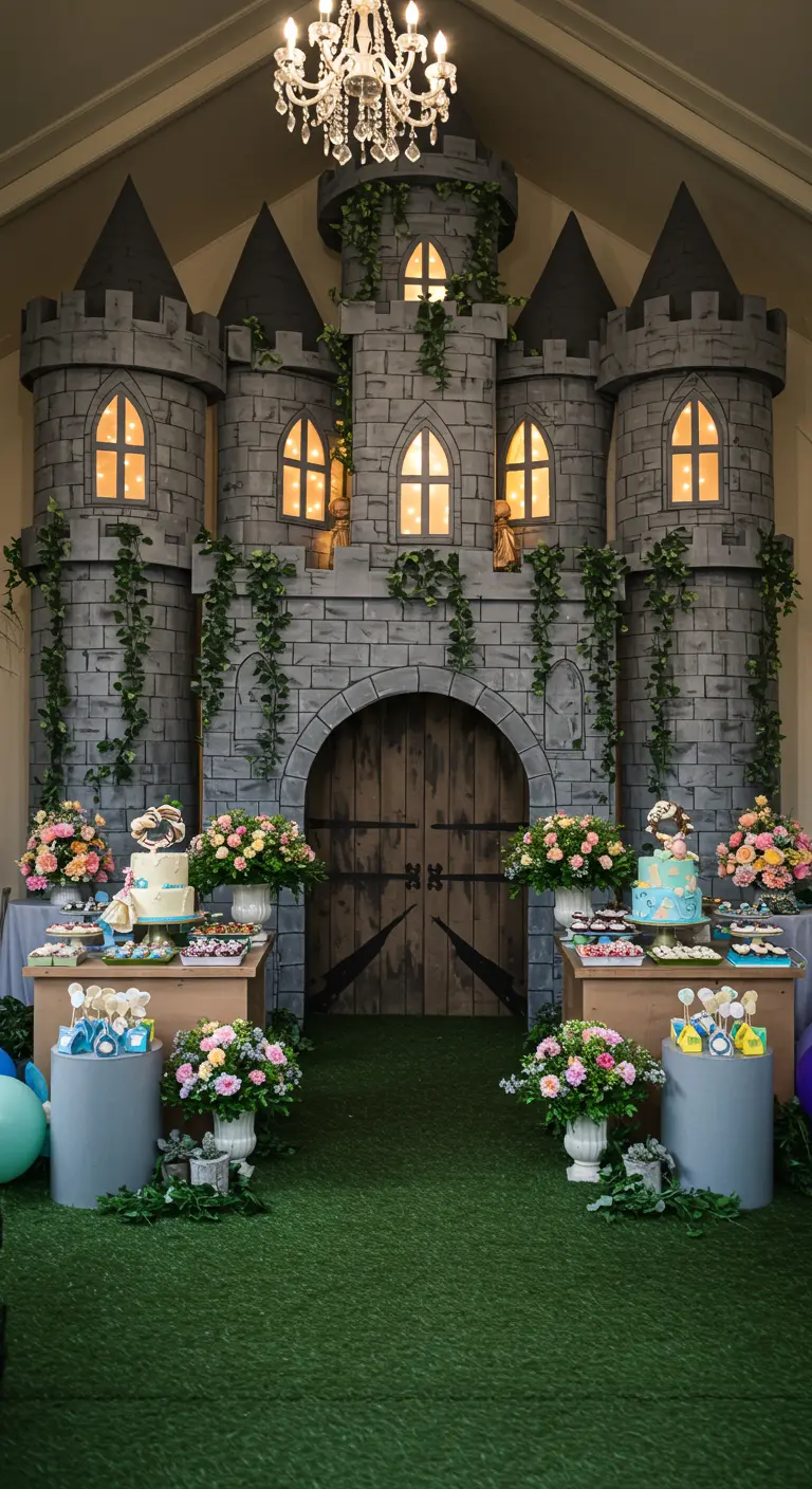 A large, intricate painted cardboard castle backdrop with glowing windows at a party.