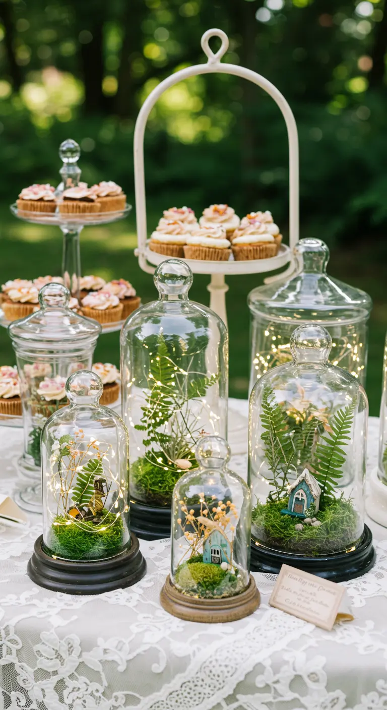 Dessert table with cupcakes and bell jars filled with moss and fairy lights.