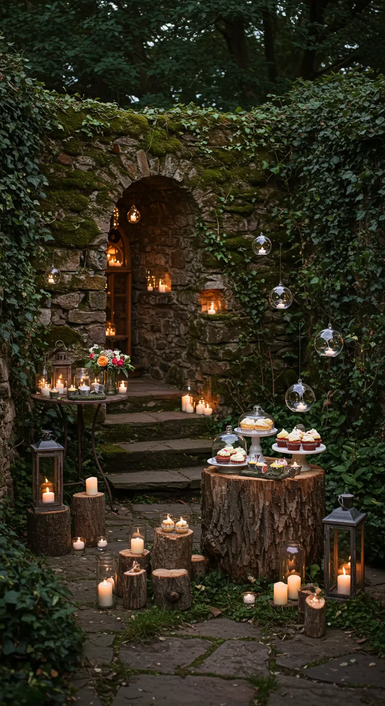 A secret garden courtyard with desserts on tree stumps, hanging glass orbs, and lanterns.