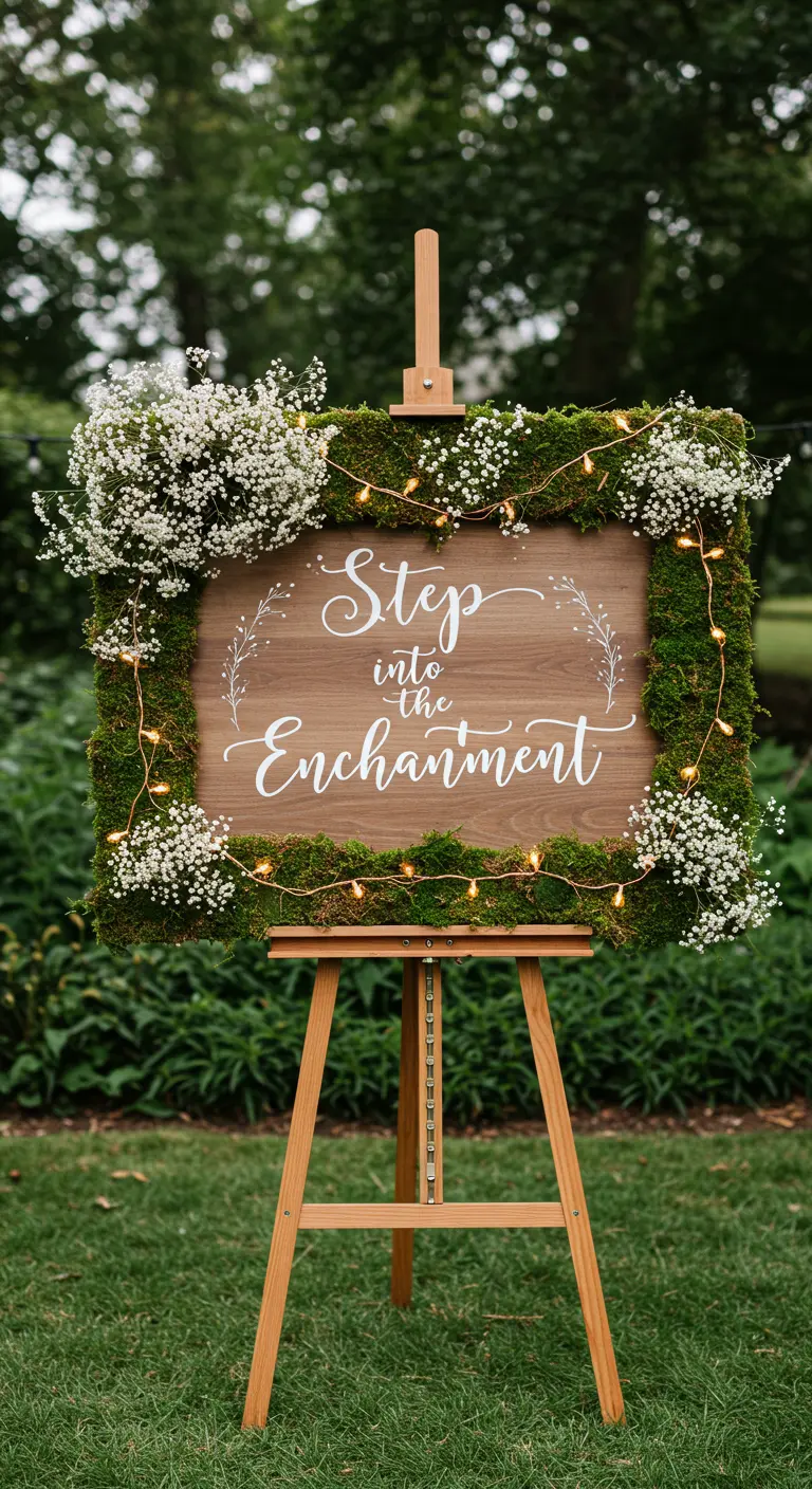 Wooden welcome sign on an easel framed with moss and baby's breath.