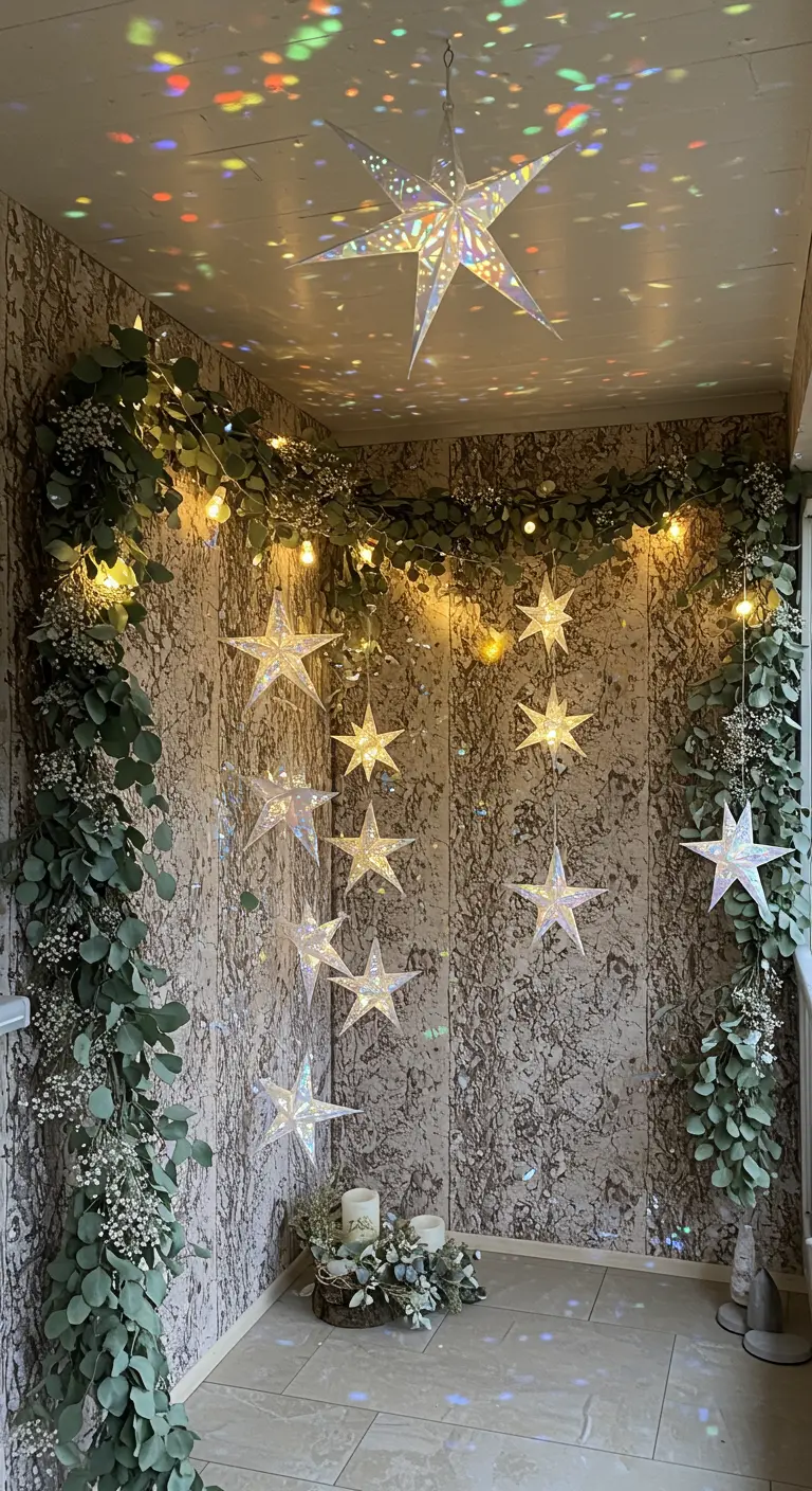 A balcony nook decorated with eucalyptus garlands and holographic stars, with light effects.