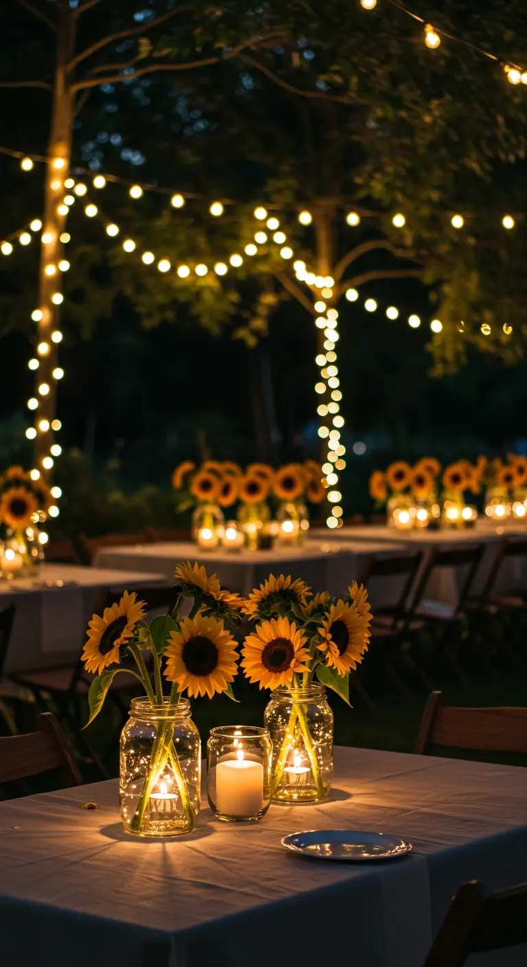 A nighttime party table lit by candles and fairy lights in mason jars with sunflowers.