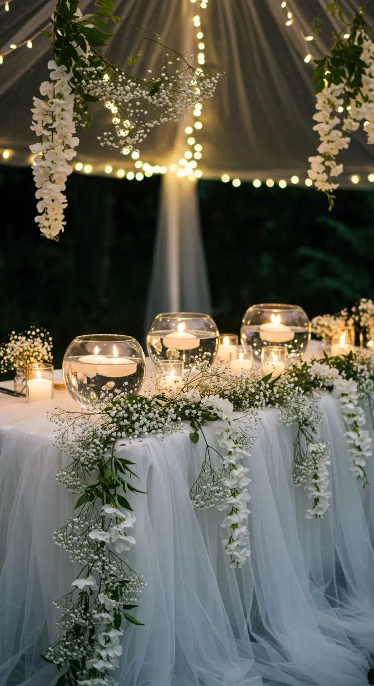 A whimsical table with floating candles in glass bowls, draped tulle, and fairy lights.