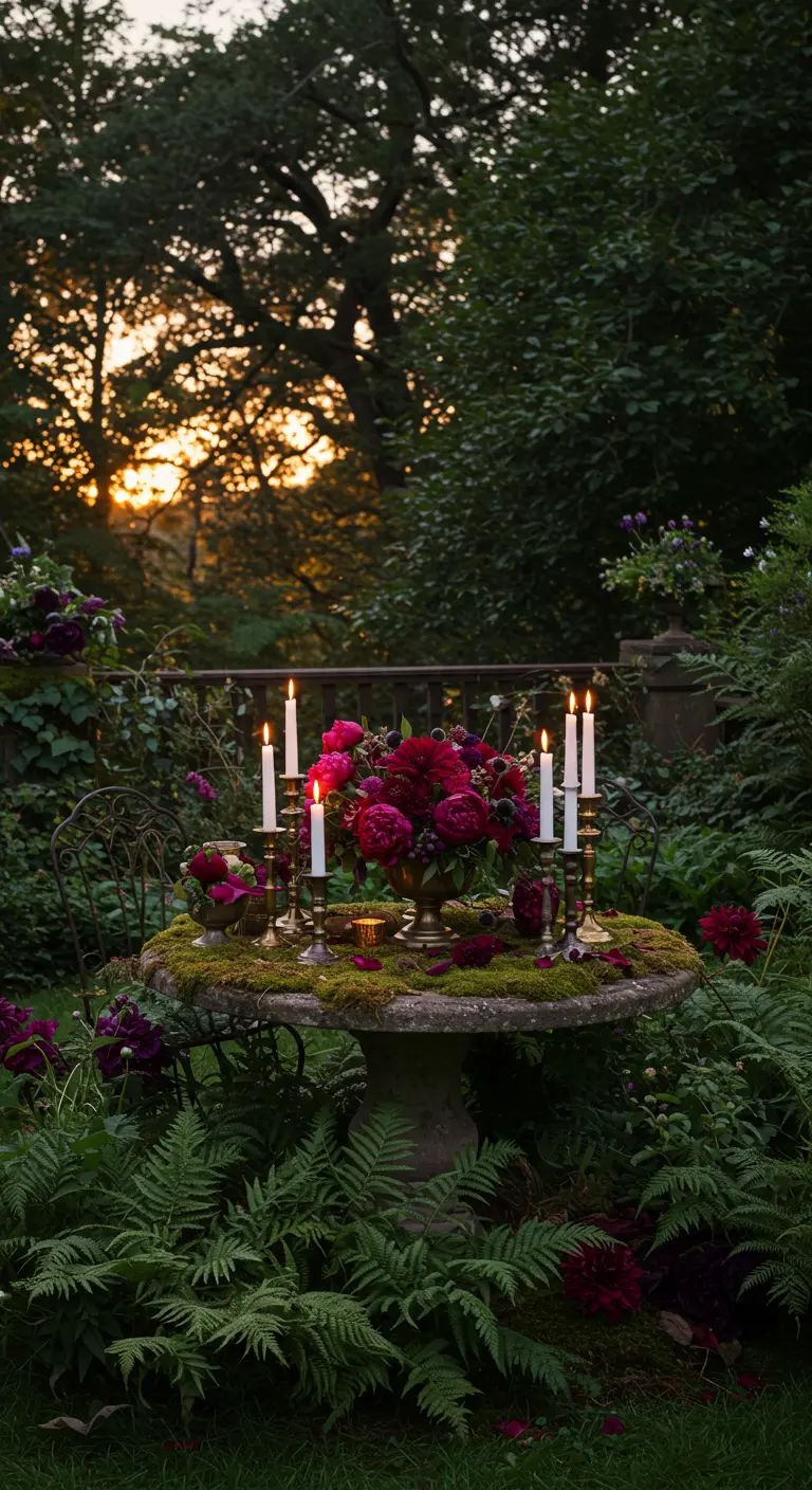 A moss-covered stone table in a lush garden, set with dark flowers and brass candlesticks.