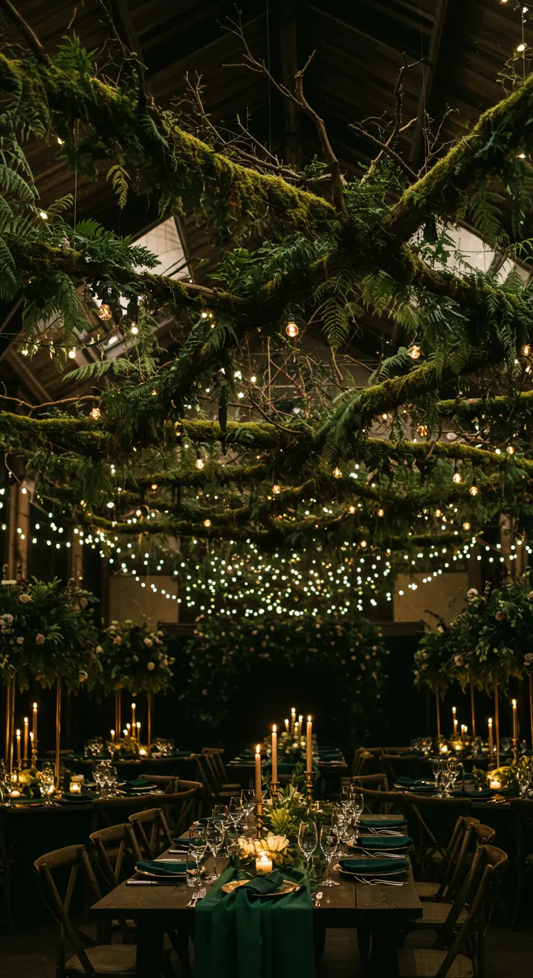Moody wedding reception with mossy branches and string lights hanging from the ceiling.