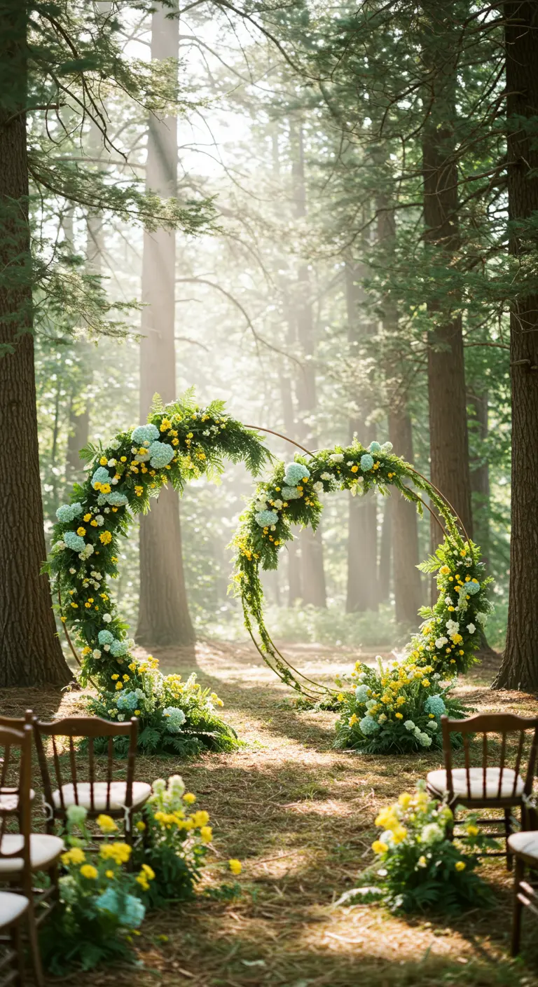 Two intersecting floral hoops with yellow and blue flowers in a sunlit forest.