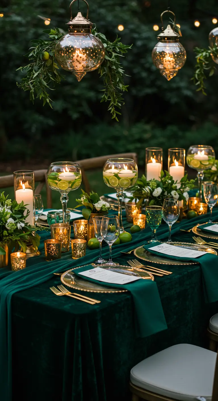 A magical evening tablescape with an emerald velvet cloth, gold accents, and floating lime candles.