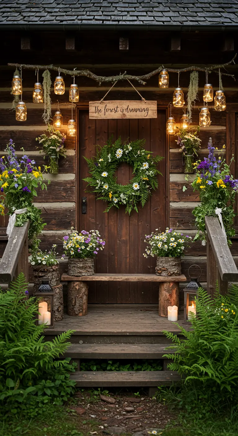 Woodland-themed porch with mason jar lights and a daisy wreath on a log cabin.