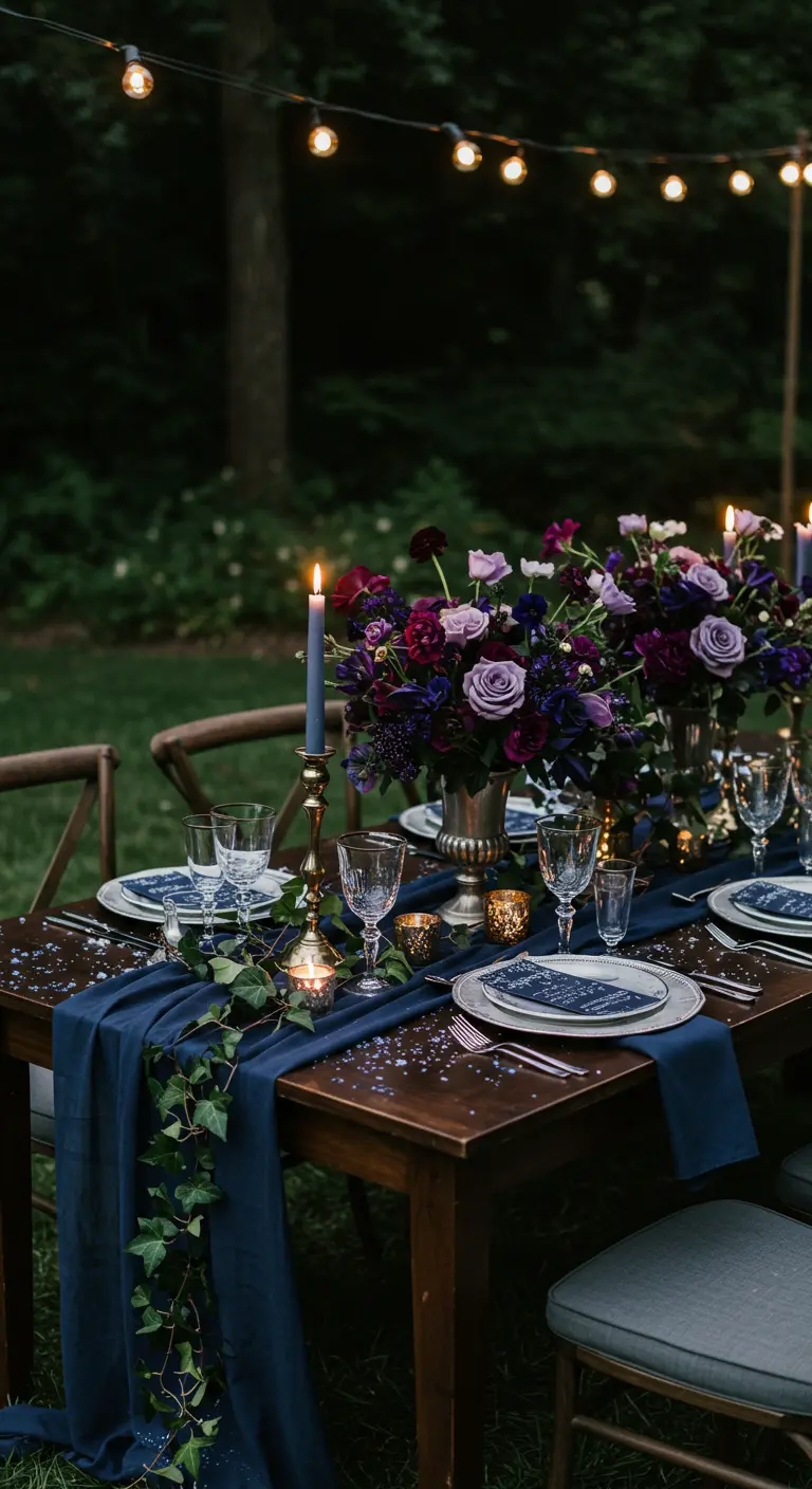 Moody outdoor table with purple flowers, a navy runner, and ivy garlands.