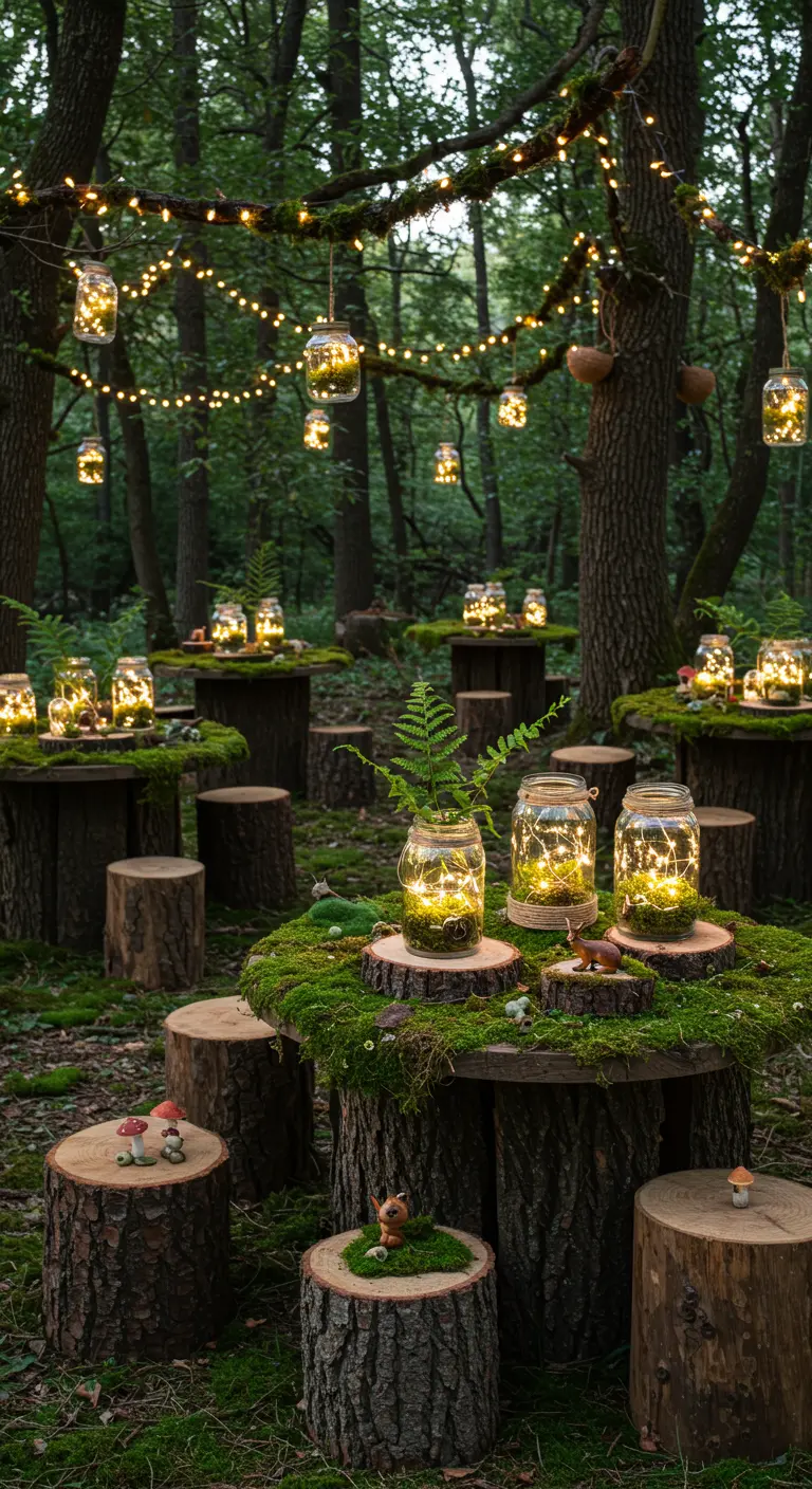 Forest party scene with tree stump tables, glass jars with fairy lights, and hanging jar lanterns.
