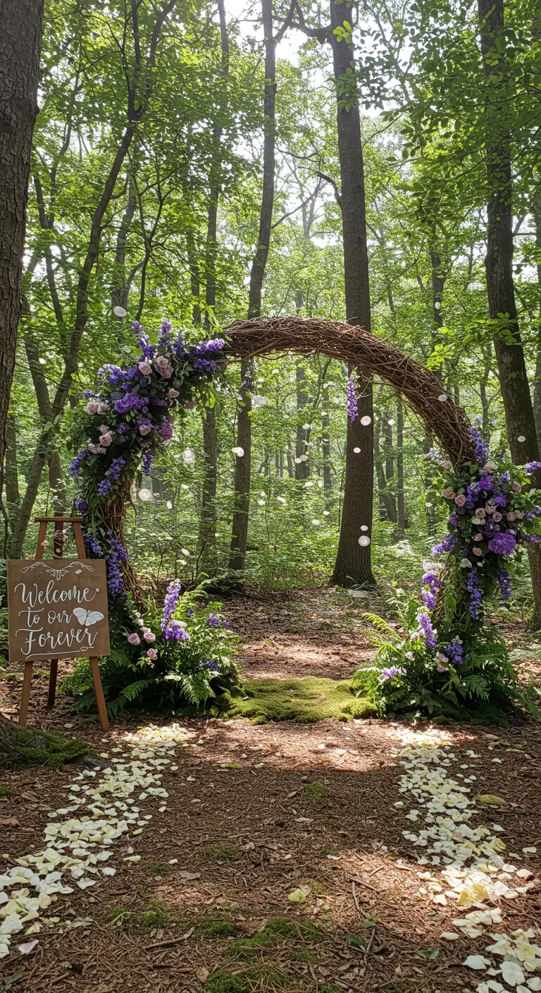 A whimsical grapevine wedding arch with purple flowers in a sunlit forest.