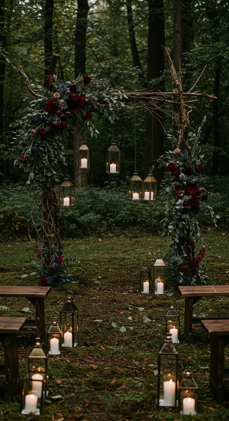 Rustic twig wedding arch in a forest with hanging brass lanterns and dark red flowers.