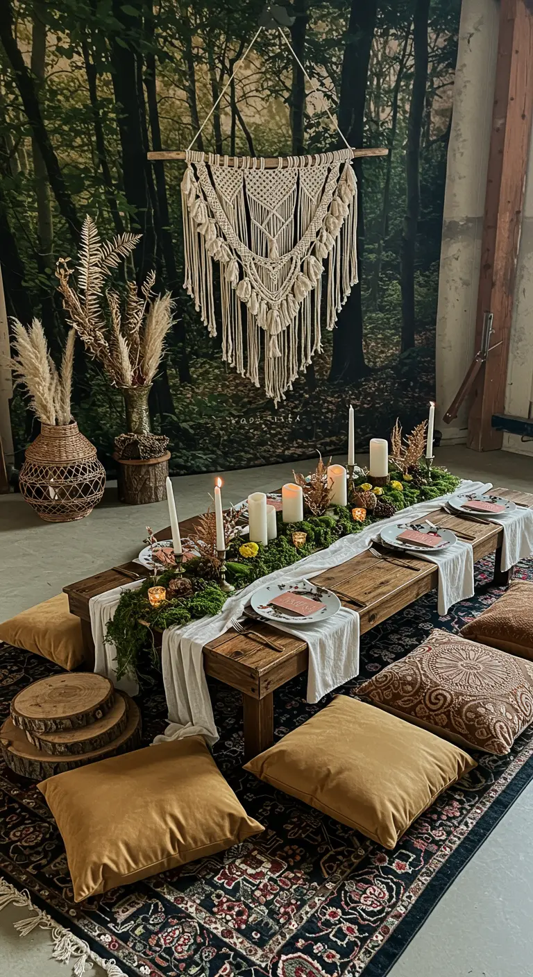 A low dining table set in front of a forest mural, with a moss runner and a macramé hanging.