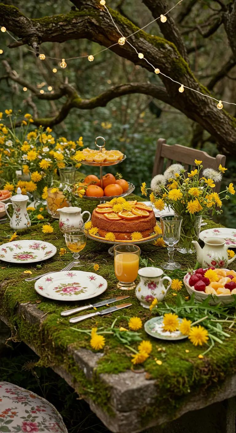 A moss-covered stone table set in a forest with string lights and yellow flowers.