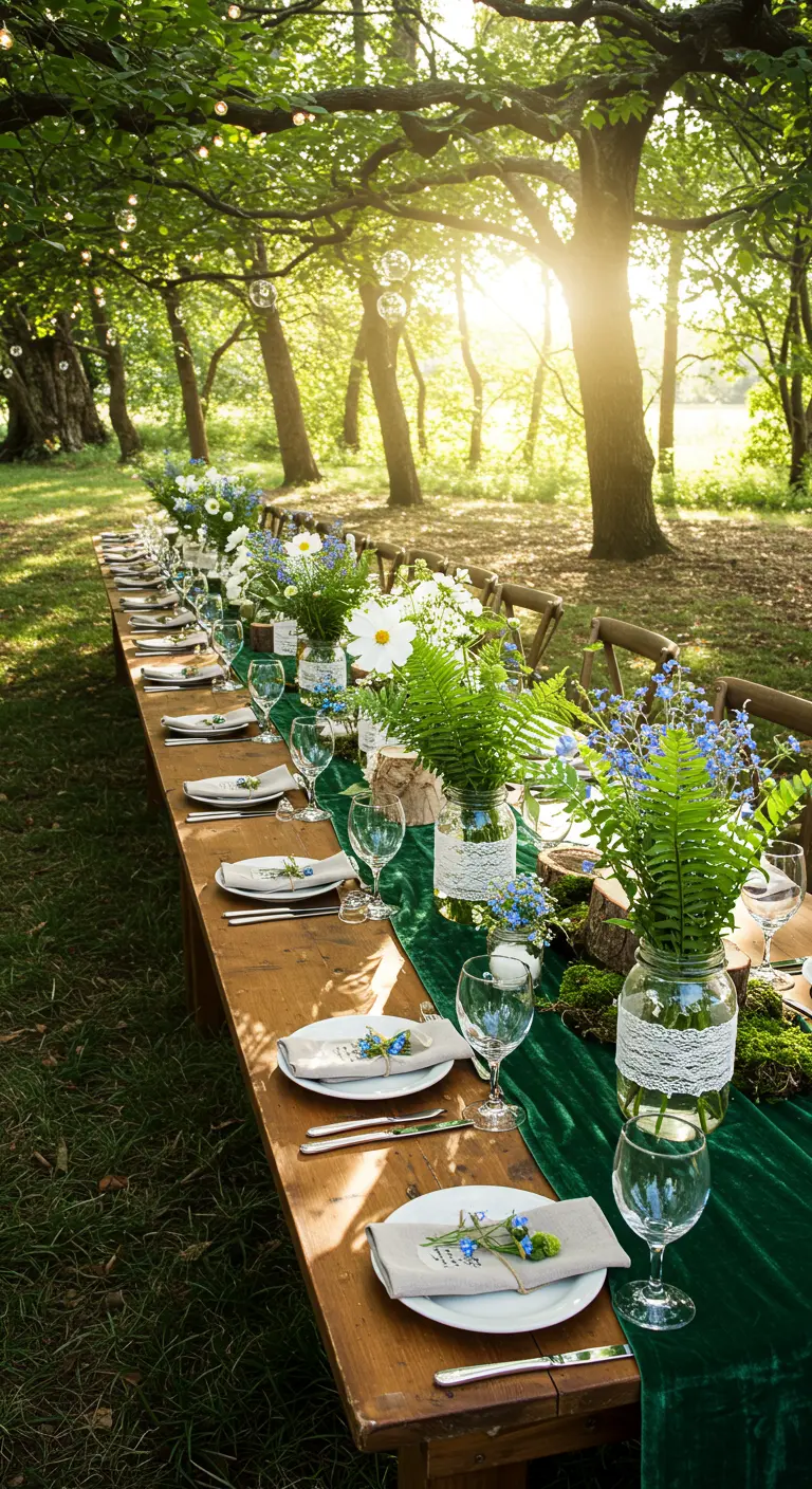 Long wooden table in a forest with a green velvet runner, ferns, and wildflowers in Mason jars.