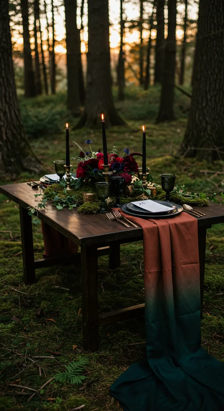Moody tablescape in a forest with moss, black candles, and a dark runner.