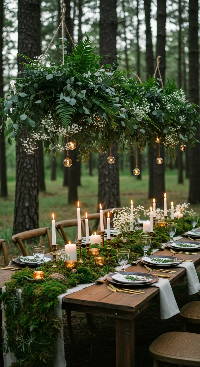 Forest tablescape with moss runner and hanging fern chandelier.