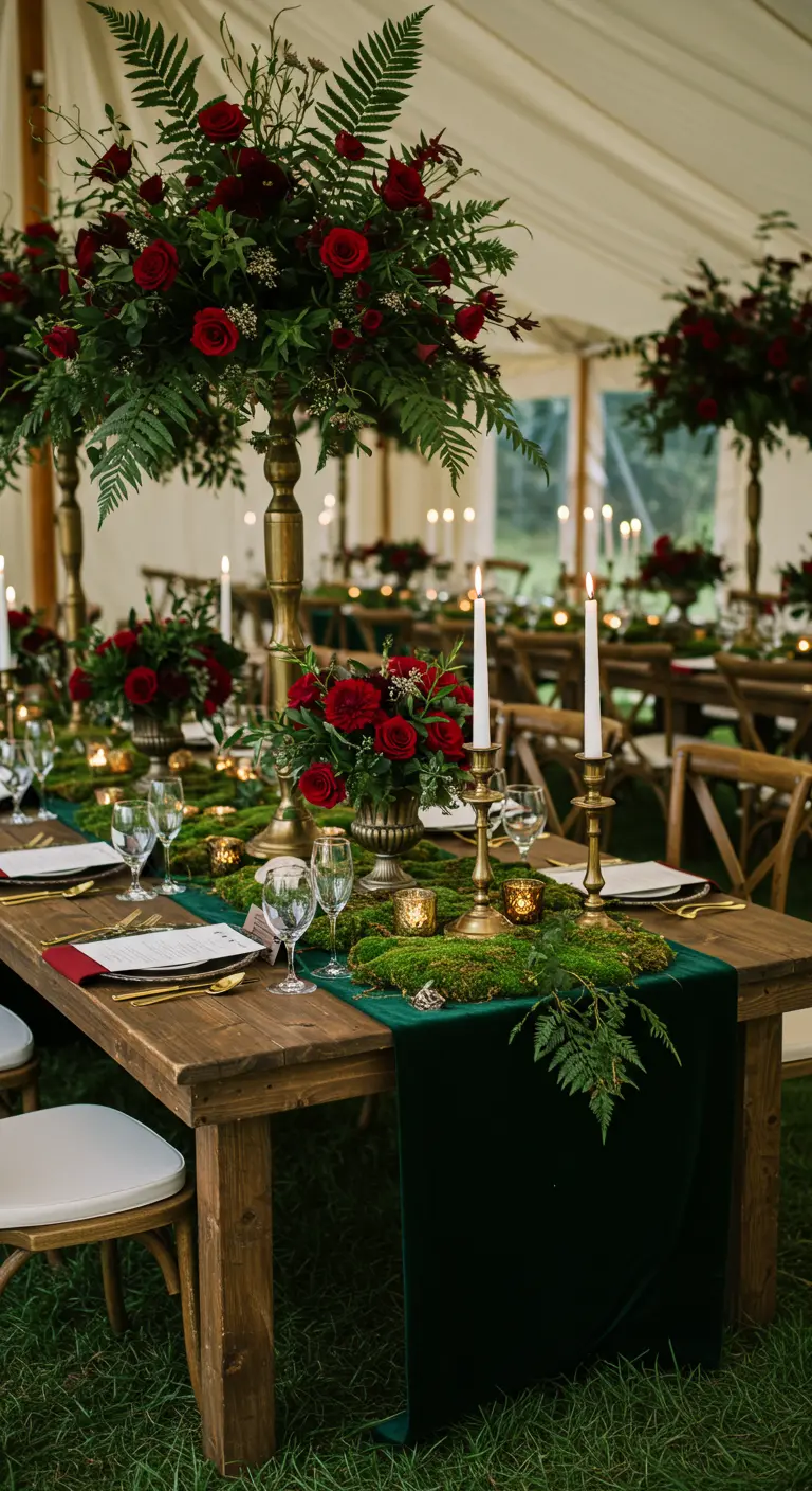 A rustic wedding table with a runner made of real moss, red roses, and candles.