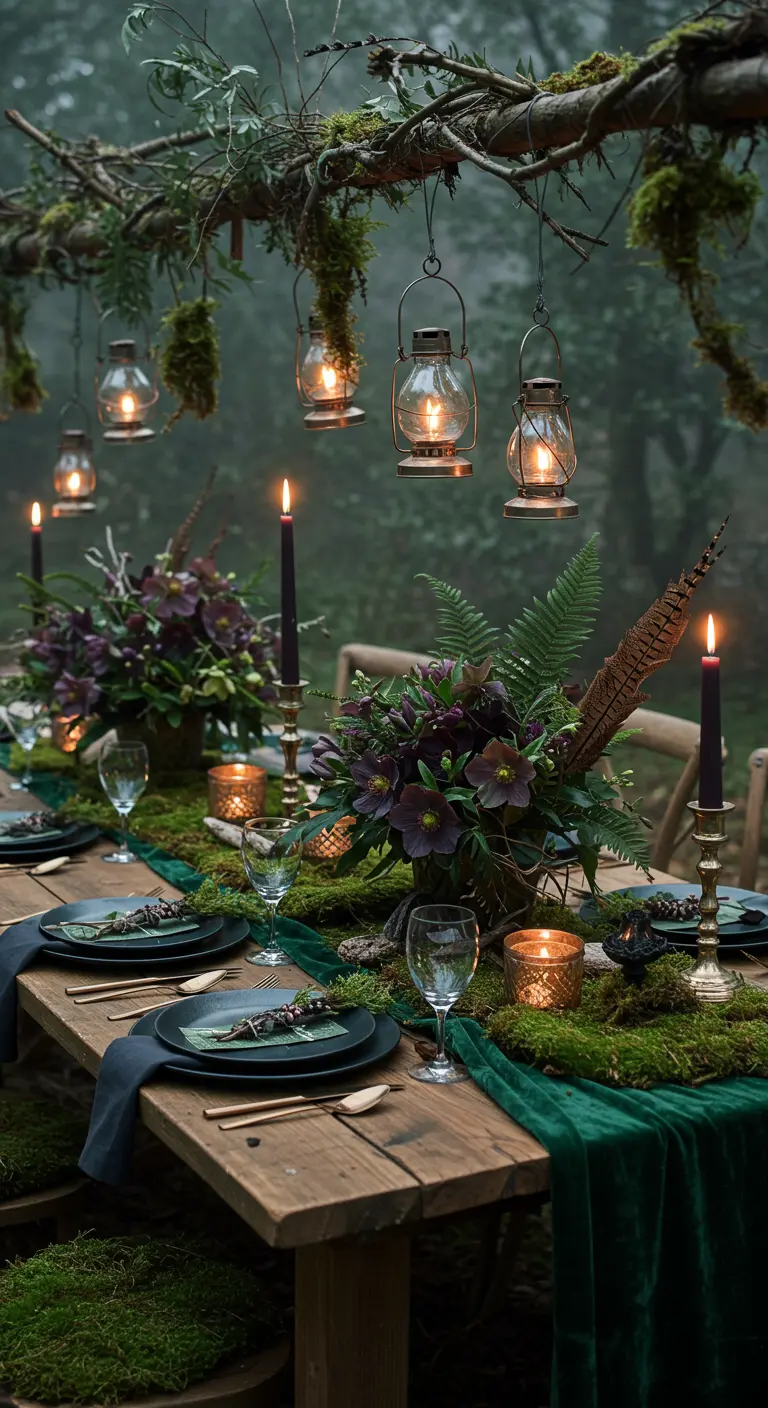 Woodland-themed table with a moss runner, hanging lanterns, and dark floral arrangements.