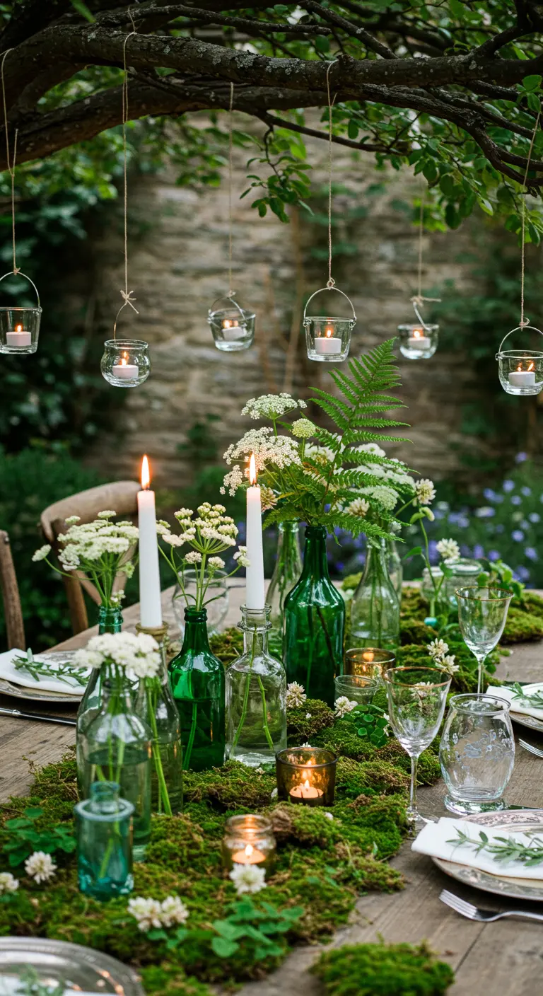 A rustic table in the woods with a moss runner, green bottles, and hanging candle votives.