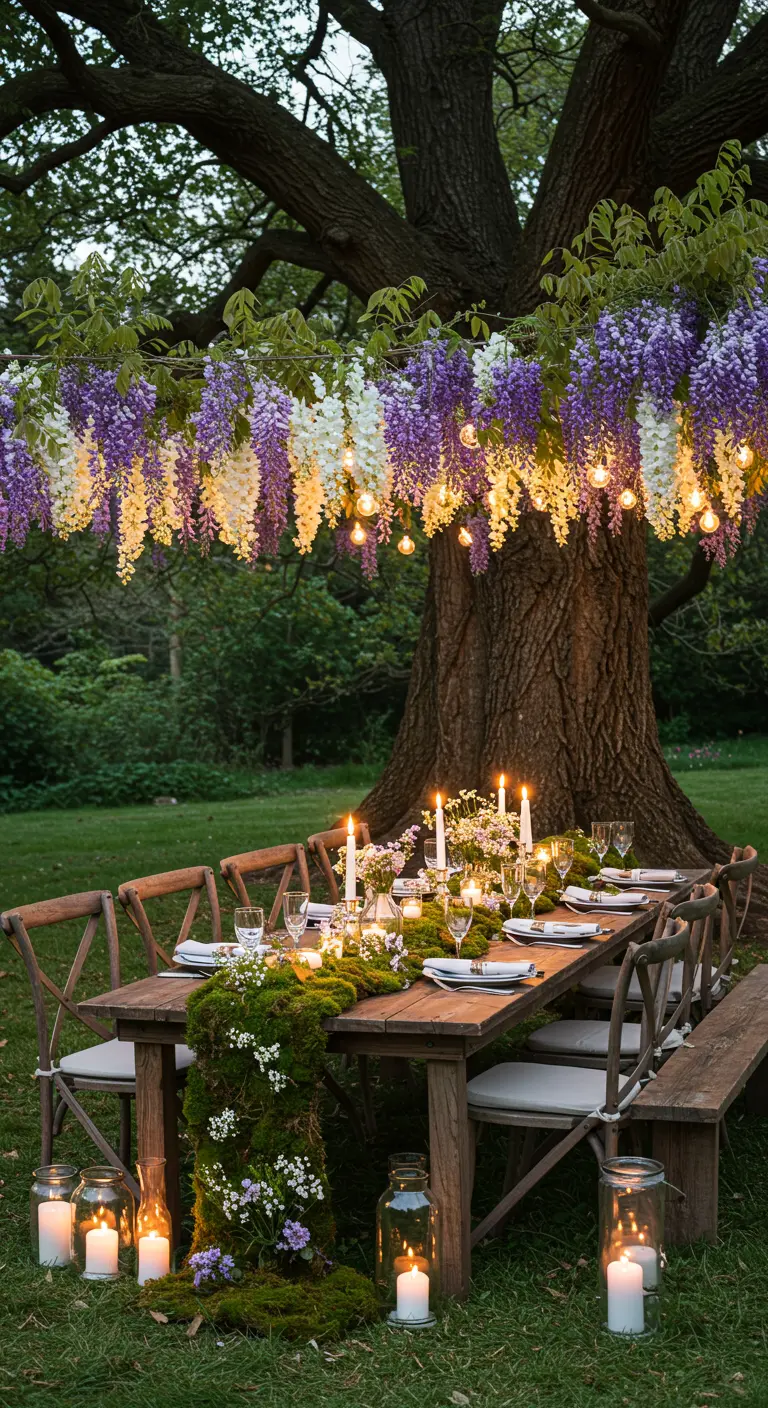 Rustic dining table under a tree with hanging wisteria and a moss table runner lit by candles.