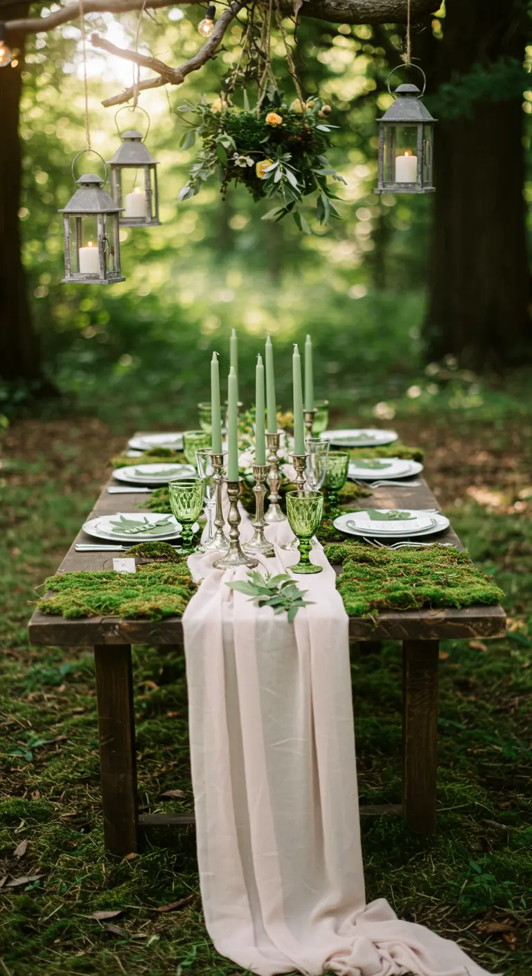 A wooden table in a forest with a moss runner, sage green candles, and hanging lanterns.