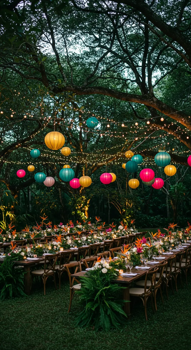 Long dining tables in a lush garden at night, with colorful paper lanterns hanging from trees.
