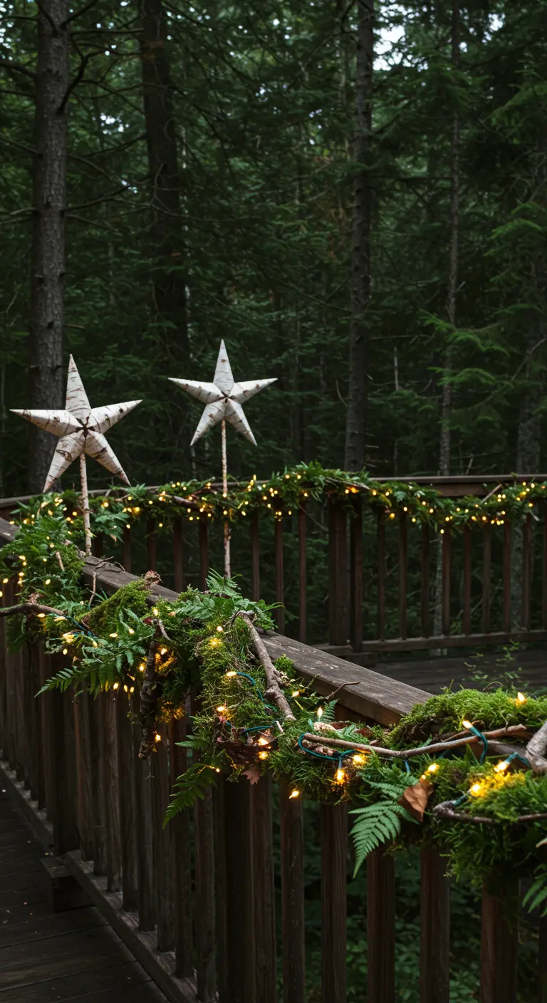 A wooden deck railing with a garland made of moss, ferns, and birch-bark stars on sticks.