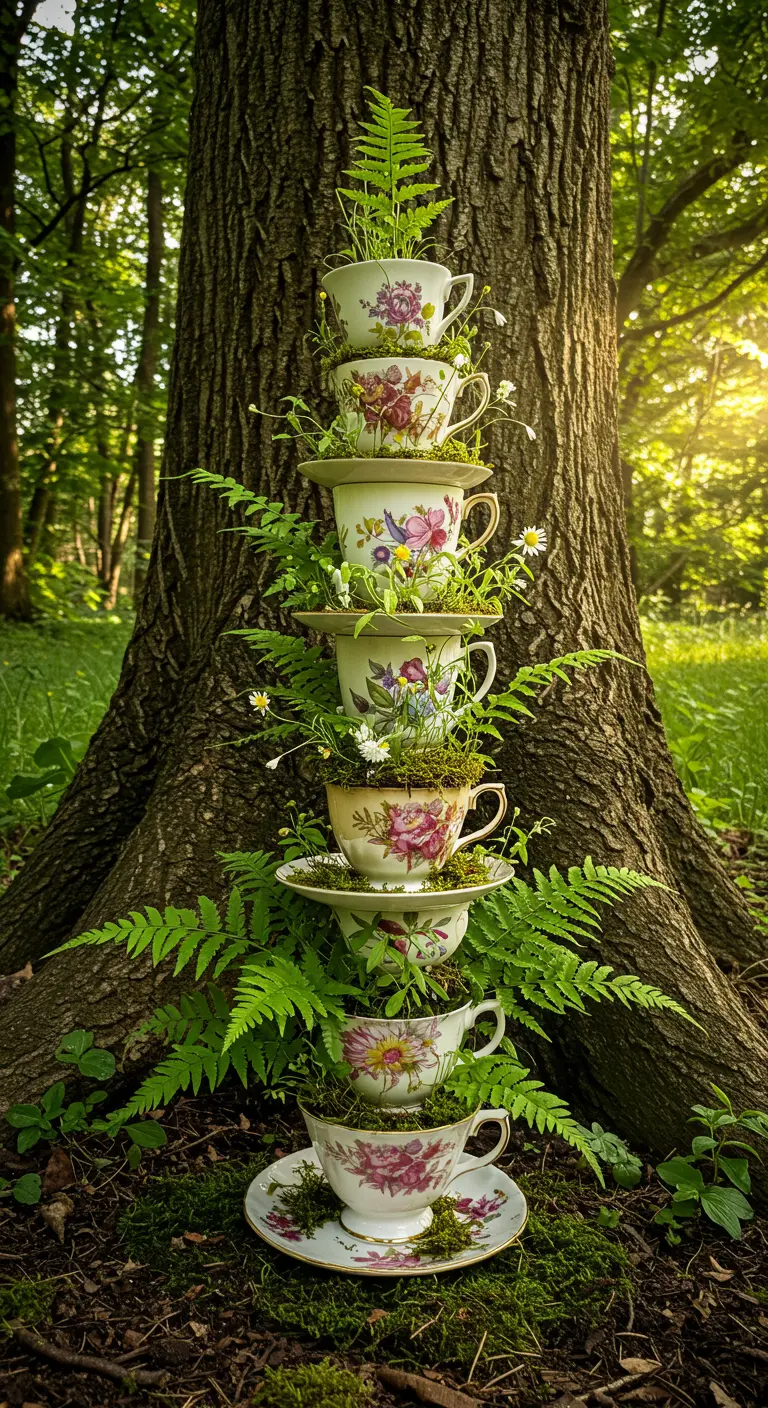 A tower of vintage teacups with ferns nestled at the base of a large tree in a forest.