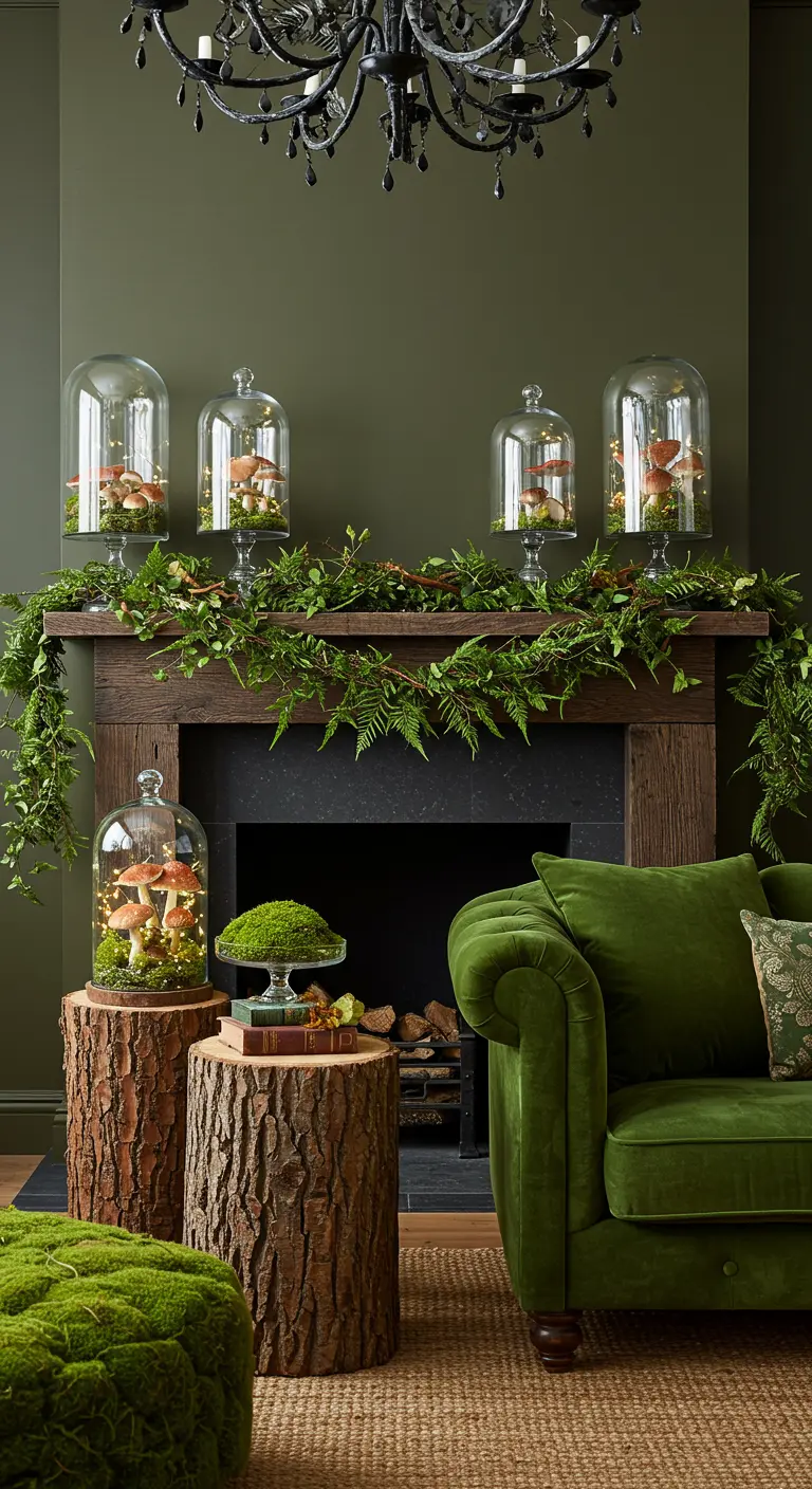 A woodland-themed mantel with a fern garland and glowing mushrooms under glass cloches.