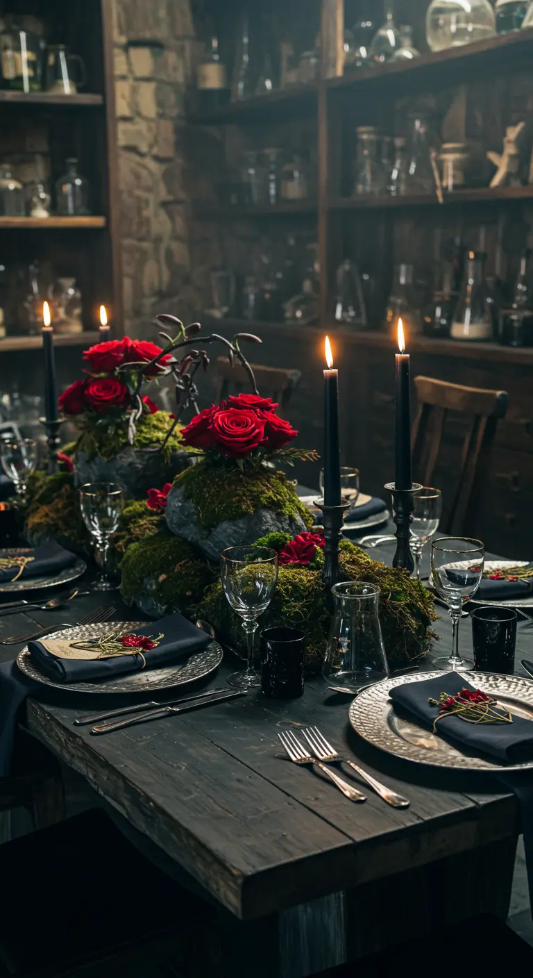 A centerpiece of moss and stones with red roses on a rustic wooden table.