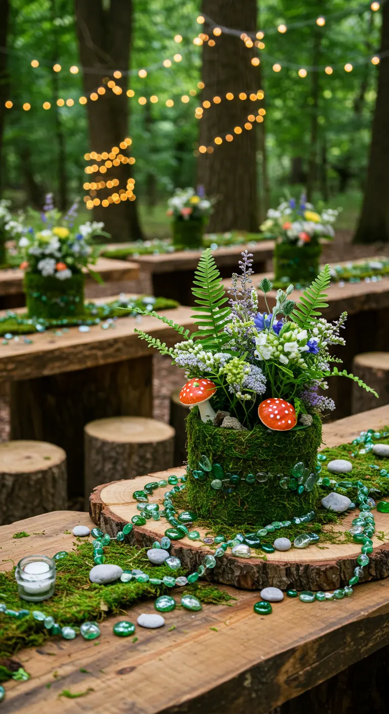Moss-covered hatbox with ferns, wildflowers, and tiny mushrooms on a wooden table.