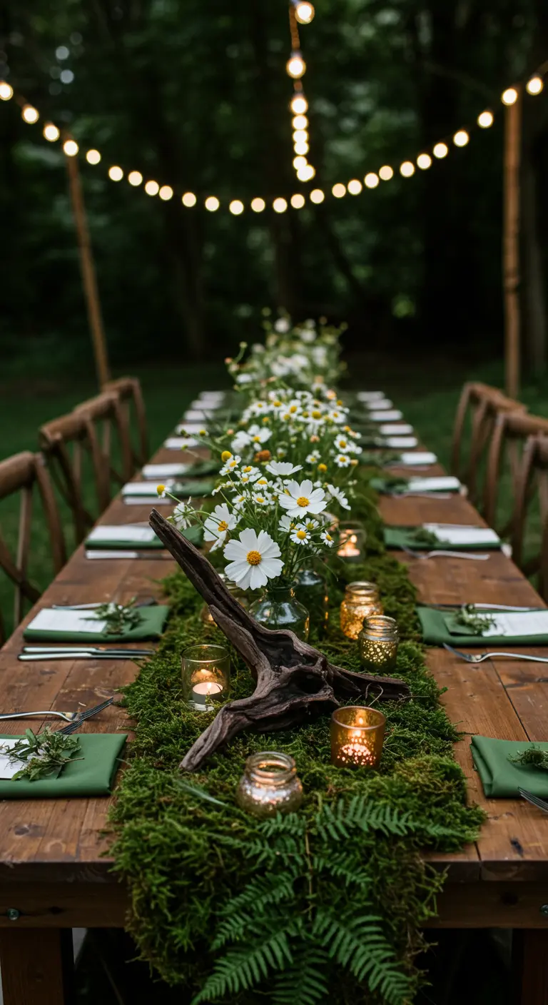 A long wedding table with a runner made of moss, daisies, and a dark driftwood accent.