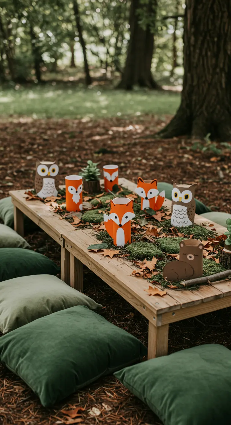 DIY woodland animal figures made from paper rolls on a mossy table runner.