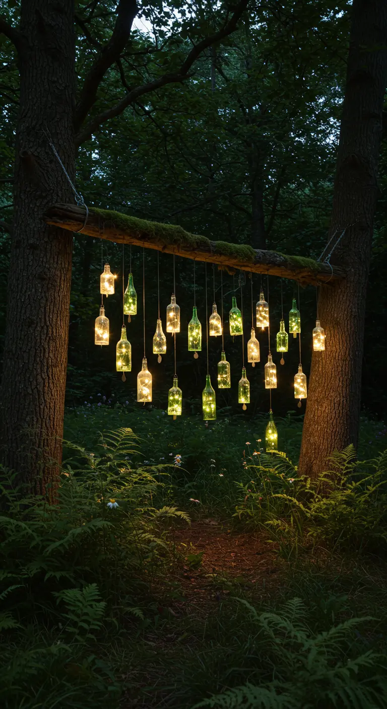Mossy branch with glowing bottle lanterns strung between trees in a dark forest.