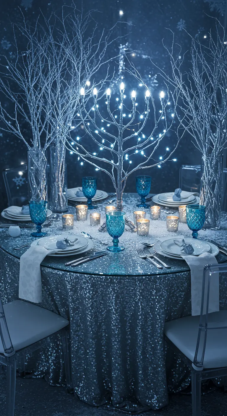 A fantastical Hanukkah table with an electric menorah made of lighted branches and a sequin tablecloth.