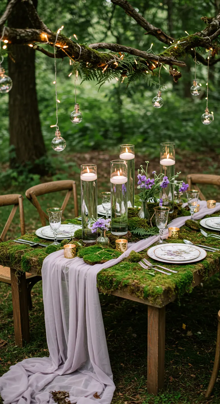 Whimsical forest table covered in moss with a lavender runner and floating candles.