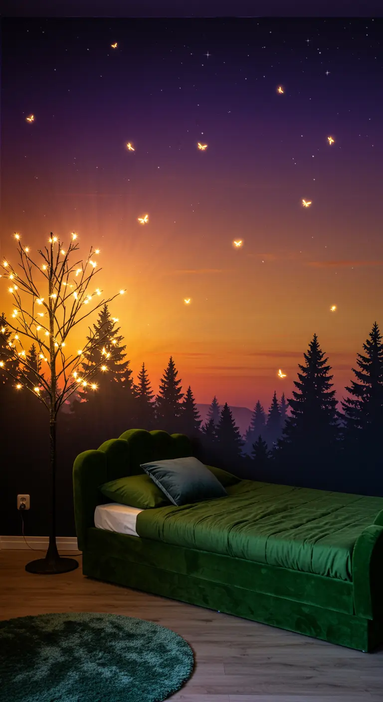 A bedroom with a forest sunset mural, a lit-up tree lamp, and a green velvet bed.