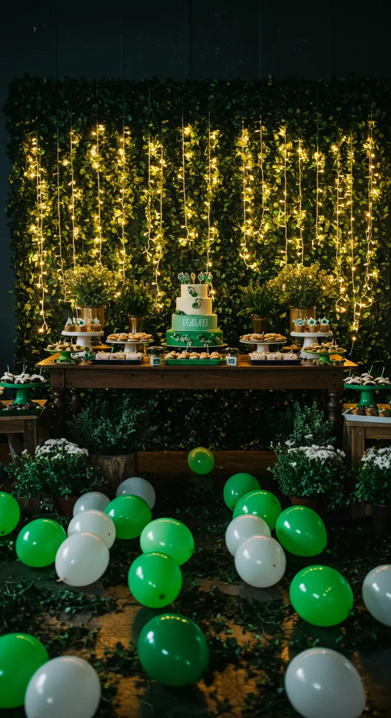 A lush green foliage wall with cascading fairy lights and green and white balloons.