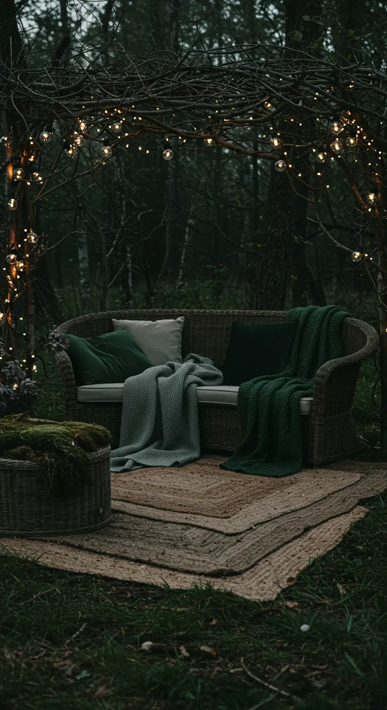 A rattan sofa under a canopy of branches and fairy lights in a dark forest setting.