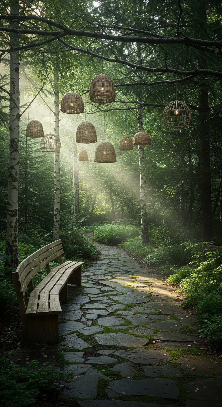 Curved wooden bench on a stone path in a forest, with wicker lanterns hanging from trees.